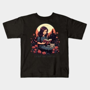 Girl with Cat Reading Book Moonlight Catnap Kids T-Shirt